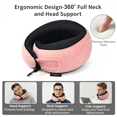 Image of Travel Neck Pillow for Airplane, Memory Foam 360 Wrap Around Neck Support for Sleeping on Long Flights, Washable Cover with Adjustable Fit, Eye Mask & Earplugs, Portable for Car & Office