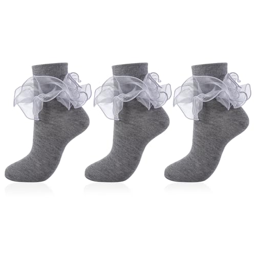 Image of Women Big Ruffle Ankle Socks Adult Double Lace Frilly Turn Cuff Dress Socks Cotton Cute Fancy Bobby Crew Socks