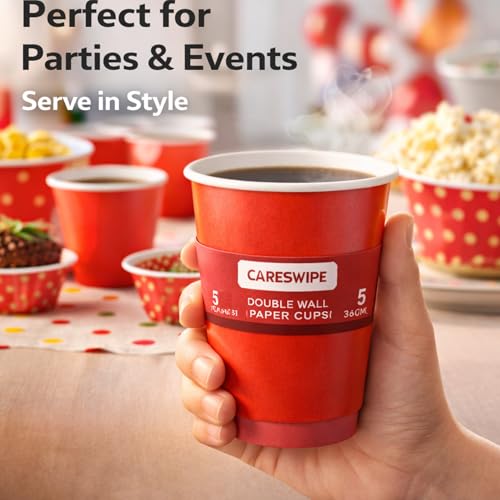 Image of Red Paper Cups 5 Pcs, Disposable Cups, Paper Glass Hot & Cold Beverage Juice, Cofee, Cold Drinks Cups for Parties, Events, Offices, and Homes