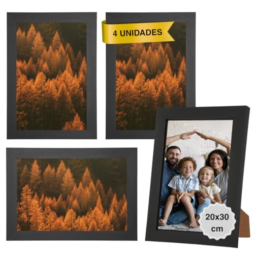 MARCOFOTO Marco de Fotos para Pared - Set de 4 Portafotos MDF con Cristal, uso vertical u horizontal - Decoración hogar u oficina, diplomas - Color Negro 20x30 cm