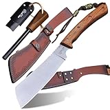 BA-KOR USA 6mmDC53 steel 43CM (17.2 ') full Tang fixed knife with leather sheath and (5.9 ') ceria ignition head, suitable for outdoor hunting, camping, clearing, adventure, fishing, EDC, BBQ