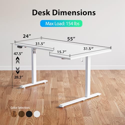 Image of Agilestic Electric Standing Desk, Height Adjustable Desk, 55 x 32 Inch Sit Stand up for Work Office Home, L Shaped Ergonomic Rising Computer Table with Memory Preset, White