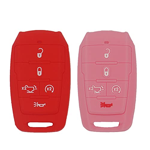 LemSa 2 Pack 5 Buttons Silicone Key Fob Cover Case Remote Keyless Protector Bag Holder Compatible with 2021 2020 2019 Dodge Ram 1500 68291690, Red Pink