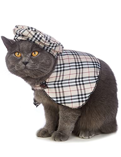 Impoosy Cat Detective Halloween Costume Cute Plaid Pet Clothes With Classic Hat Kitten Cosplay Shirts Cope For Cats Outfits (S) #TOP3