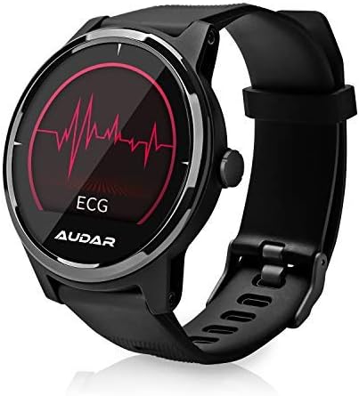 Icons representing various fitness tracking metrics on the August AUDAR E1 Smart Health Watch, including steps, heart rate, calories, blood pressure, sleep, and activity tracking.
