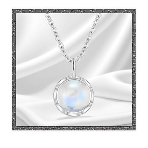 Natural Larimar/Moonstone Necklace 925 Sterling Silver Minimalist Blue Round Stone Pendant Necklace Gemstone Jewelry for Women Love