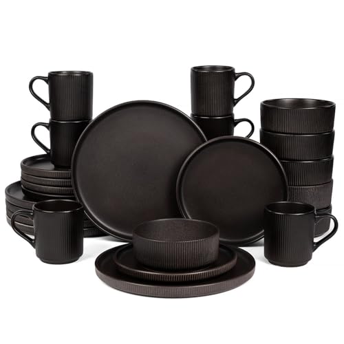 Image of OTAGO 24-Piece Dinnerware Set for 6 with Mugs, Ribbed Stoneware Plates and Bowls Sets, Unique Handcrafted Reactive Glaze, Chip and Scratch Resistant Dish Set, Microwave & Dishwasher Safe, Black