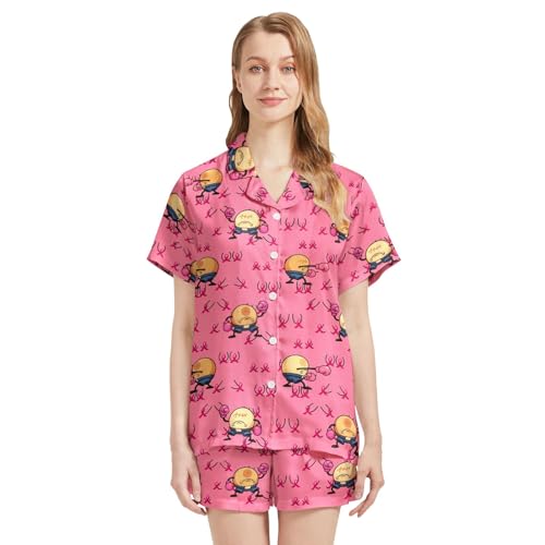 Image of Funny Pajamas for Women Set Print Satin Loungewear Pjs Short Sleeve Button Down Top and Shorts Sets Sleepwear XS-3XL