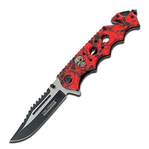 Tac Force Tactical Pocket Knife, Rescue Glass Breaker Bright Red Skull Design Hunting Camping