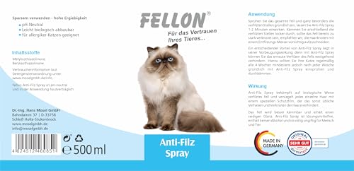 Fellon Anti-Filz für Katzen | Entfilzungsspray 500 ml | pH-neutral | Fellpflege für seidigen Glanz & leichte Kämmbarkeit | für alle Katzenrassen & Allergiker | Dermatologisch getestet