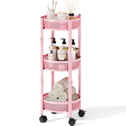 Image of TOOLF 3-Tier Foldable Metal Storage Rolling Cart, Collapsible Utility Cart, No Assemble, Multifunction Organizer Trolley with Lockable Wheels for Kitchen, Living Room, Bathroom, Pink