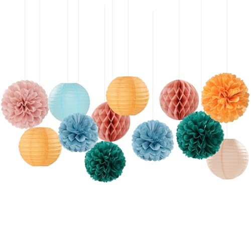 Image of Dusty-Blue Orange Teal Party-Decorations Paper-Flowers - 15pcs Fall Rose Gold Blush Pink Birthday Baby Bridal Shower Tissue Pom Poms Lanterns Streamers,Wedding Bachelorette Hanging Supplies Hugfond