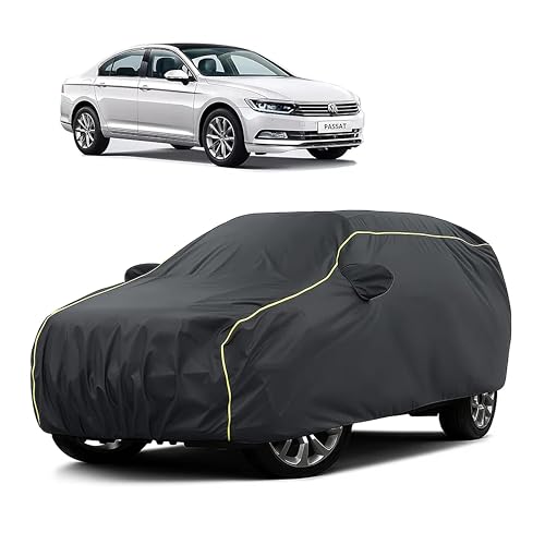 Image of Sulfar 100% Water Resistant Car Body Cover Compatible with Mirror for Volkswagen Passat (Triple Stitched, Full Bottom Elastic, Dark Grey Taffeta with Yellow Piping)