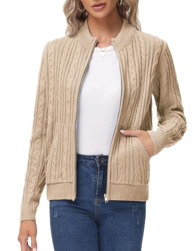 Women's Zip Up Sweaters Jackets, Chunky Fall Cardigan with Pockets Beige XL