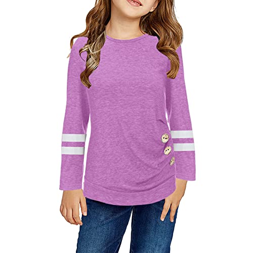 Teens Girls Striped Shirts Kids Buttons Color Block Casual Long Sleeve Crewneck Tee Tops Children 2025 Trendy Fall Clothes
