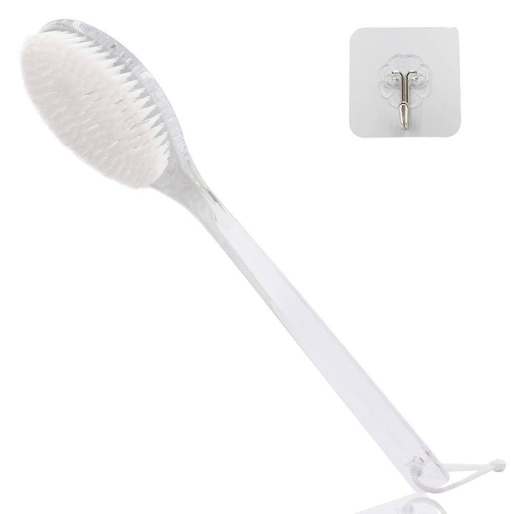 MczxonBath Body Back Shower Brush with Curved Long Handle for Exfoliating Skin Improve Blood Circulation, Back Scrubber Bath Shower Wet or Dry Brushing Body Brush(Transparent Handle)