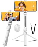 Adjustable Selfie Stick Tripod 360°,Holder for Vlog Live Streaming Travel Extendable Cell Phone Stand with Wireless Bluetooth Remote Shutter White