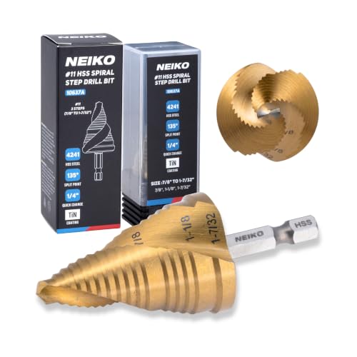 Image of NEIKO 10637A Step Drill Bit, 3 Steps 7 /8 inch to 1-7 /32 inch Spiral High Speed Steel, Titanium Nitride Coated, 1 /4 inch Quick Change Step Bits for Steel, Metal, Wood, Plastic, Unibit Cone Drill Bits, Two Flute