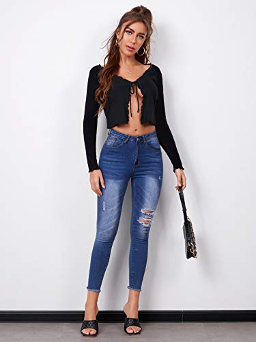 Soly Hux Women's Tie Up Long Sleeve Lettuce Trim Crop Top Open Front Cardigan Sweaters Black M #TOP4