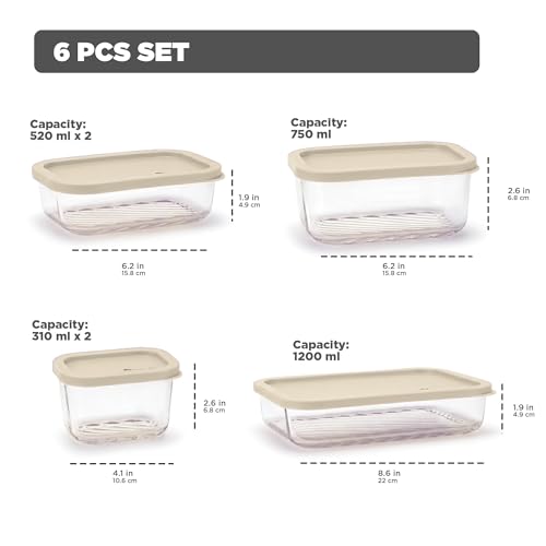 Image of Treo By Milton Nutri Borosilicate Glass Containers for Fridge Storage Set of 6 (1 x 1200ml, 1 x 750ml, 2 x 520ml, 2 x 310ml) Stackable Glass Container with Lid, Microwave & Dishwasher Safe, Beige