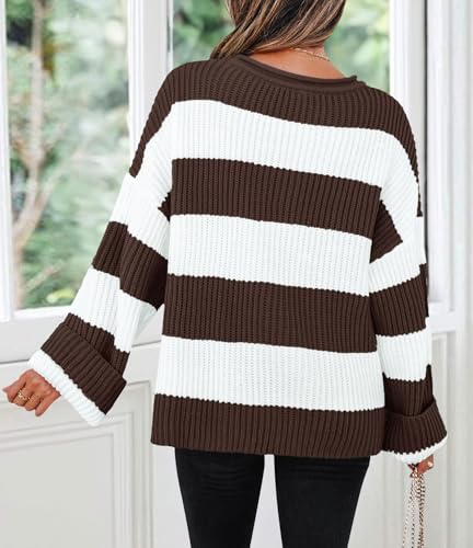 Image of ZESICA Womens Long Sleeve Oversized Striped Knitted Sweaters | Color Block Sweater,Crew Neck Sweater,Loose Fit Sweater,Ribbed Knit Pullover,2026 Fall Winter Sweater,Casual Going Out Top