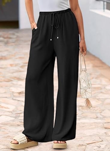 Womens Cotton Linen Palazzo Pants Drawstring Elastic Waist Wide Leg Trousers with Pockets Casual Lounge Pants2
