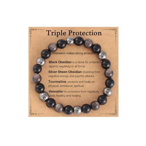 AULSIEY Hematite Black Tourmaline Obsidian Bracelet for Men, Triple Empath Protection Bracelet Gifts for Women, Protection Healing Crystal Bracelets, Evil Eye Jewelry Bracelets Mental Health-8mm