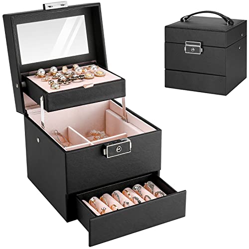 ProCase Jewelry Box for Girl Women Traveling, Ideal Gift Small 3 Layers Jewelry Organizer Display Storage Holder Case with Mirror Lock for Earrings Rings Necklaces Bracelets -Black
