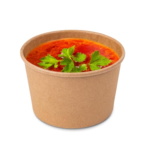 Image of PakTalk Paper Soup Containers with Lids, 50 Pack Brown Soup Bowls Biodegradable Ice Cream Cups with LidS for Hot Soup or Ice Cream (50 sets, 8 oz)