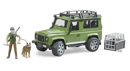 bruder 02587 - Land Rover Defender Station Wagon mit Förster & Hund - 1:16 Geländewagen Jeep Pick-up Jäger Waldarbeiter Schäferhund Spielzeug-Figur