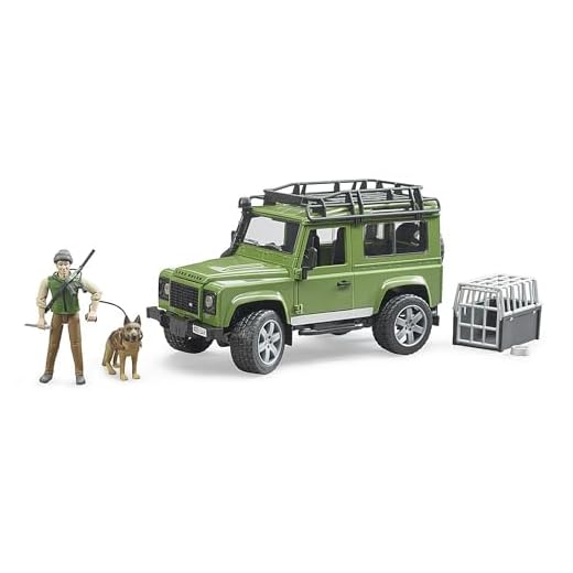 bruder 02587 - Land Rover Defender Station Wagon con cane e guardia forestale, veicolo fuoristrada, jeep, cane da pastore