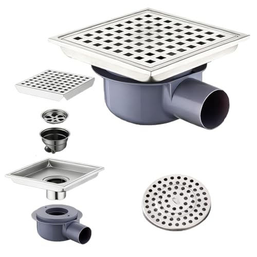 NEWFUN Bodenablauf DN 50, Duschablauf Flach,15 * 15cm Bodenablauf Edelstahl, Geruchshemmender, Unsichtbarer Bodenablauf, Positiv und Negativ Verwendbar, Doppelte Filterung, Verfliesbar