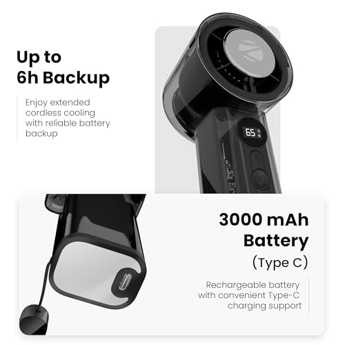 Image of Zebronics Heat Buster 250 Portable Hand Fan, 9000 RPM Speed, Upto 6 Hours Backup, 100 Speed Modes, 3000mAh Battery, LED Display, Battery Indicator, Type-C Charging, Lightweight Design (Black)