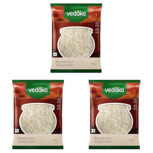 Image of Amazon Brand - Vedaka Basmati Rice | 5 Kg | Long Grain | Super Basmati Rice | Aromatic Fragrance| Average Cooked Rice Length More Than 12mm (Pack of 3)