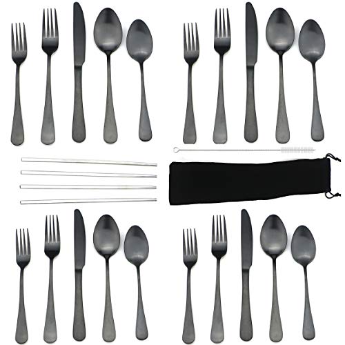 JASHII Modern Royal 20 Pcs Matte Black 1810 Stainless Steel Utensils Cutlery Dinnerware Set w 4 Pcs Straw Knife Fork and Spoon Flatware Set for Wedding Festival Christmas Party Service for 4