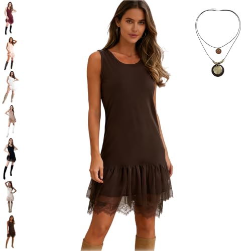 Vestido Corto sin Mangas para Mujer con Detalles de Encaje, Vestido Lencero Corto con Ribete de Encaje (Brown Dress,M)