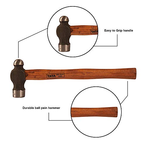 Image of TATA AGRICO Ball Point Hammers with Wooden Handle | Wooden Handle | Heat Treatment Drop-Forged Hammerhead for Pulling nails | Demolition work | Splitting Wood | Brown And Gray (800 Gms)-Set Of 1Pcs