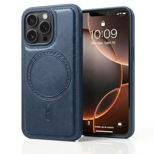 Image of amazon basics Premium PU Leather Case for iPhone 15 Pro, MagSafe Compatible Magnetic Ring, Sleek Protective Back Cover - [Blue]