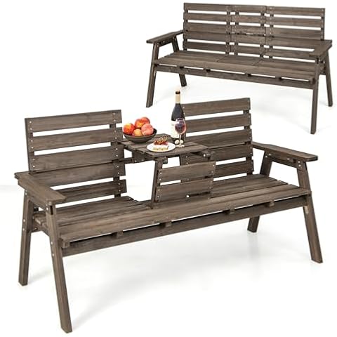 COSTWAY Outdoor Fir Wood Bench with Table Cover