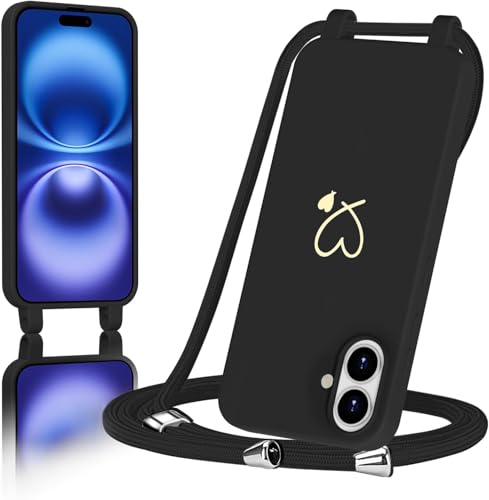AoozeFon Handyband für iPhone 16 Hülle mit Band Handyhülle Silikon mit Goldenem Herzmuster für iPhone 16 Abnehmbare Stoßdämpfend Handytasche mit Nylon-LanyardSchwarz