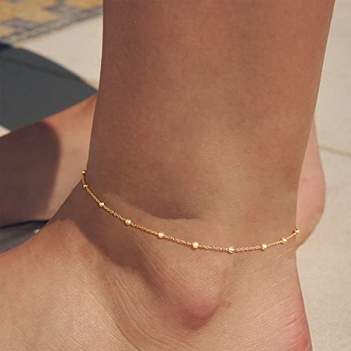 MEVECCO Anklet for Women Gold Ball Bead Chain Station 14K Gold Plated Dainty Boho Beach Summer Simple Foot Jewelry Ankle Bracelet - Thumbnail 2