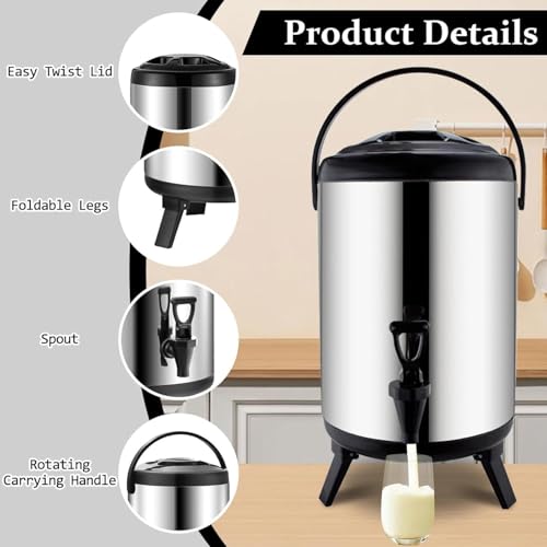 Distributore di bevande isolato, in acciaio inox, per bevande calde e fredde, perfetto per servire latte, tè e caffè