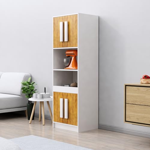 Image of Bniture Multipurpose Crockery Cabinet | Engineered Wood Kitchen Cabinet Modern with 4 Doors & Shelves | Crockery Unit for Dining Area | Kitchen Crockery Cabinet for Home | Frosty White & Giant Wood