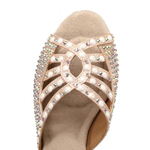 Image of JUODVMP Women's Latin Dance Shoes Rhinestones Satin Ballroom Dancing Shoes Salsa Professional Dance Shoes