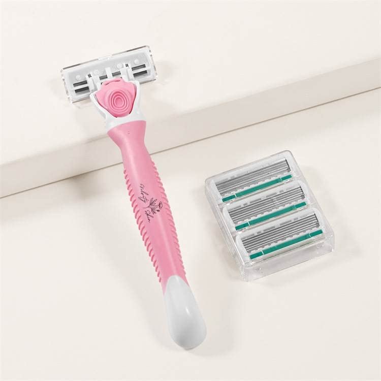 Velvety Skin Women's Razor 6 Blades- 1 Handle with 4 Cartridges- Plastic Travel Case- Moisturizing Strip for Smooth Skin- Comfortable Handle (Pink Lace)