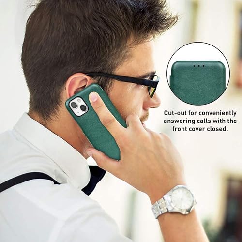 Image of PULOKA for iPhone 14 - Sleek Flip Case - Premium Vegan Leather Phone Cover with Card Slot - Slim, Durable, Privacy Protection - Kickstand Function - Elegant Flip Wallet Cases for Apple - Green
