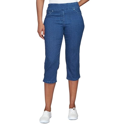Ruby Rd. Womens Womens Petite Mid-Rise Pull-on Straight Extra Stretch Light Weight Denim Capri with Side Splits