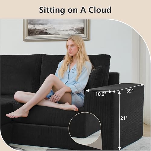 Image of Modular Boneless Floor Couch, Modern Cozy Corduroy Cloud Loveseat Couch with Ottoman, Memory Foam, Convertible Sleeper Sofa Bed for Living Room, Small Spaces, Assembly Free, Black
