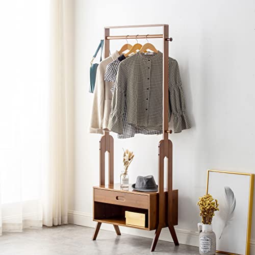 CROSS WIN Bamboo Wooden Garment Rack Freestanding Closet Organizers and Storage Drawers with Seat&Hooks, Coat Rack, Open Wardrobe for Entryway and Bed Room Storage (25(L) x 13(W) x 66.5(H))