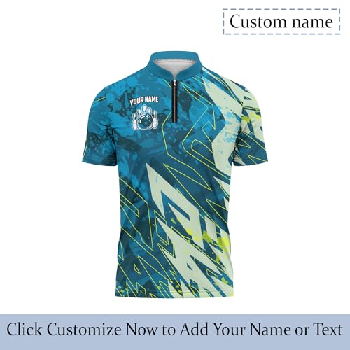 Dabdab 3D Bowling Team 1/4 Zip Jersey with Blue Bowling Spare Graphic Personalized Zipper Tee with Band Collar